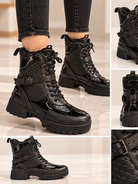 Black Platform Combat Boots Lace Up Buckle Chunky Lug Sole Size 7